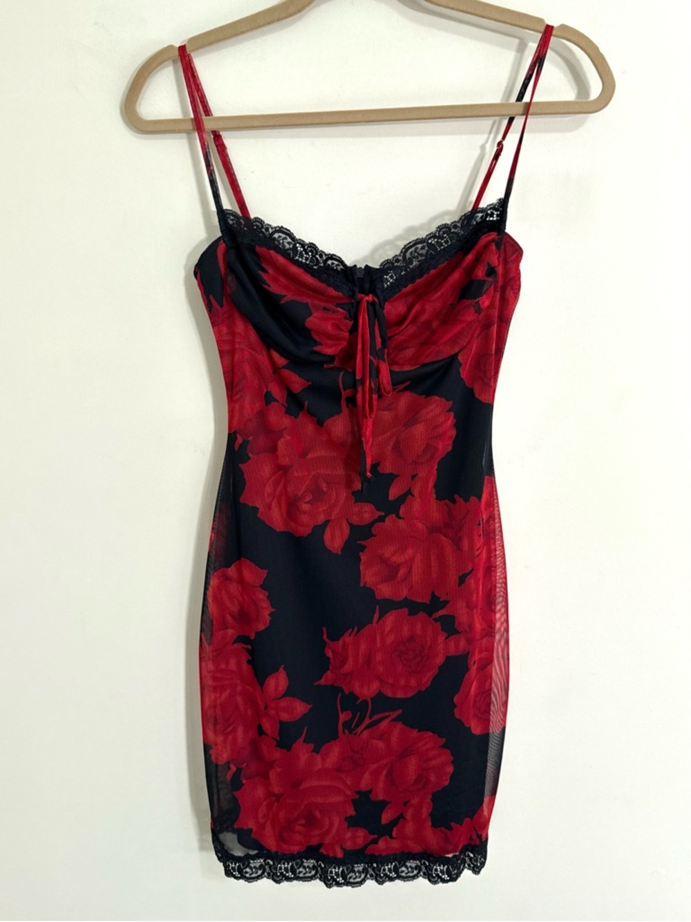 Red Floral Lace-Trim Mini Dress
